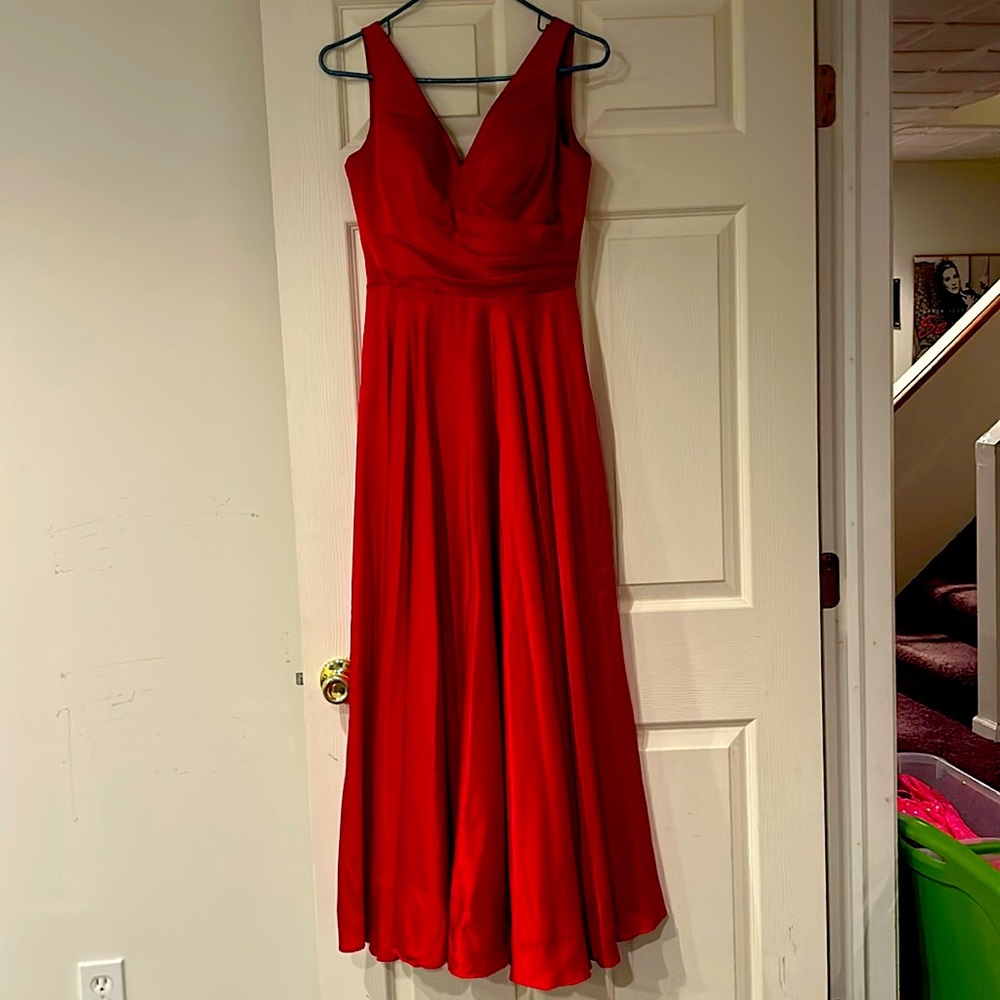 Red sayin prom dress with corset back